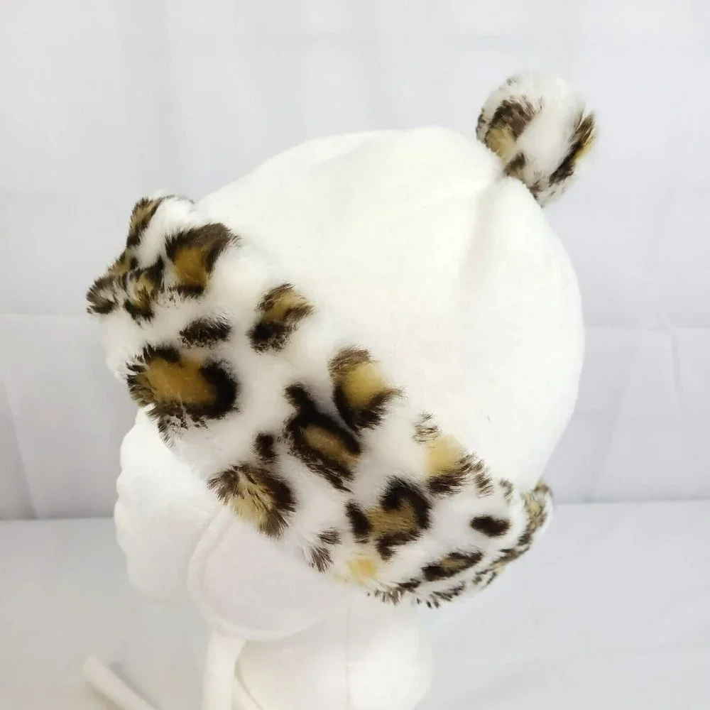 EUC Animal Leopard Print Youth 2-4T Trapper Beanie Cap Hat Ivory Earflap Tie - Picture 2 of 7